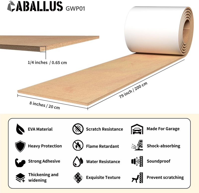 Caballus Store GWP01 واقي جدار المرآب بتصميم خشبي لحماية أبواب السيارات، ملحقات المرآب، موقِف للسيارات في المرآب، بدون أدوات، مصمم في ألمانيا (6.5 مم تصميم خشبي) - Image 2